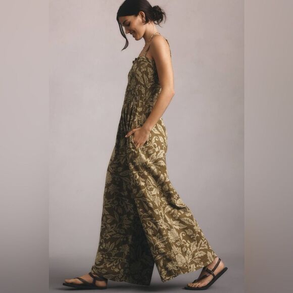 Pilcro Anthropologie Smocked Printed Linen Wide Leg Jumpsuit Medium Moss Floral - Picture 3 of 16